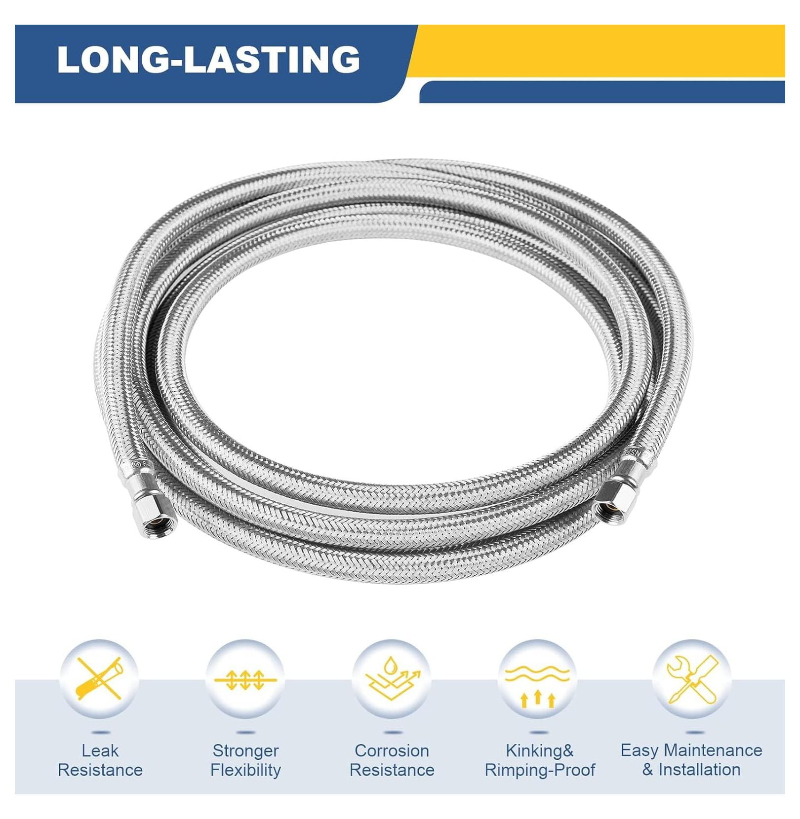 12 FT Refrigerator Water Line,Stainless Steel Braided Ice Maker Hose with 1/4" Comp X 1/4"Compression Fittings(2PCS,12 Foot)(HOSE058-2Pack)