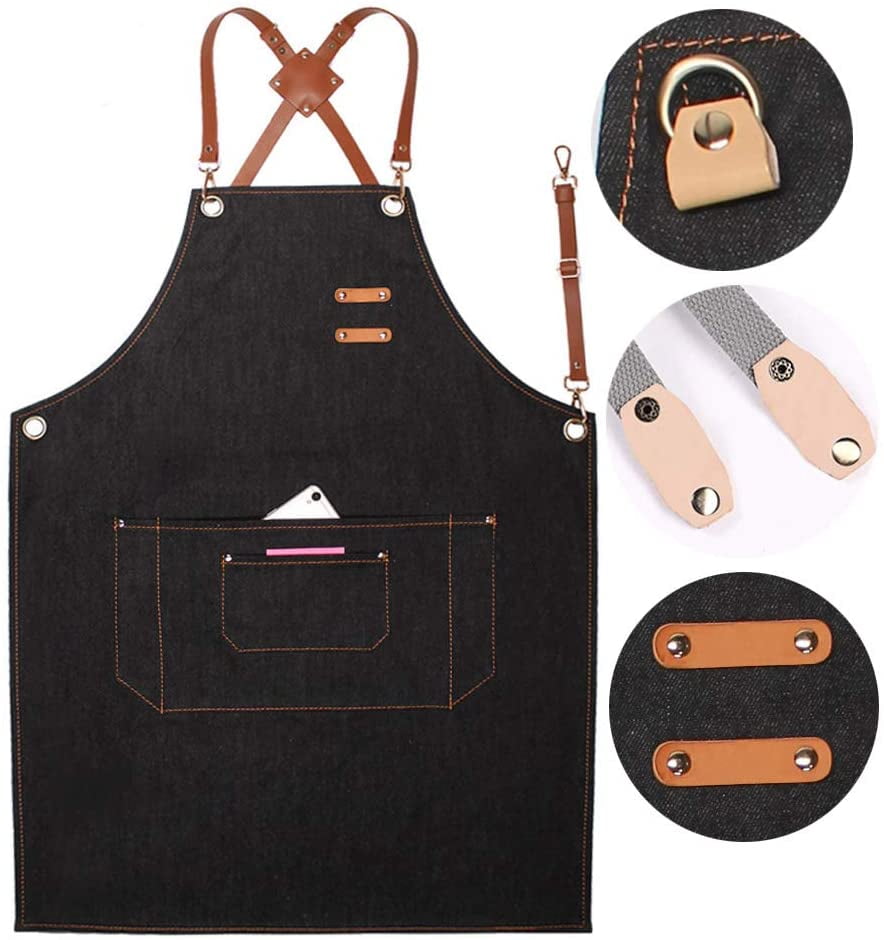 Kepooman Kitchen Garden Canvas Work Shop Apron with Cross Back & Large Pockets, Black Kepooman Kitchen Garden Canvas Work Shop Apron with Cross Back & Large Pockets, Black