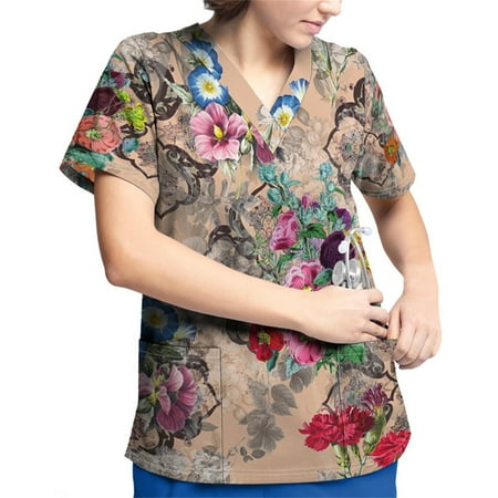 

Strungten Plus Size Printed Scrub Working Uniform Tops For Women V-Neck Short Sleeve T-Shirts Workwear Tee With Pockets summer tops for women 2023 trendy