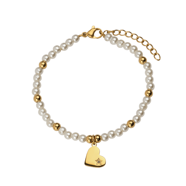 Pulseras Mujer de Perlas con Dije Oro 18k LuckyLy, Brazalete con Dije de Acero Inoxidable Baño Oro 18k, Modelo Annie Infinito blanco Corazón