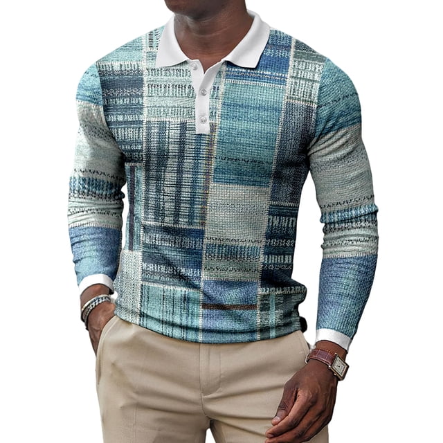 Daeful Tee Long Sleeve Polo Shirt Geometric Print T Shirts Mens Casual Color Block Lapel Neck Fall Tops Style I M