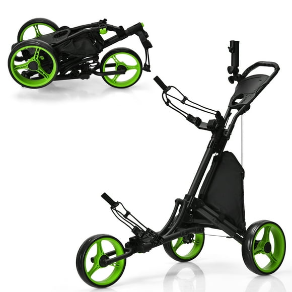 Goplus Folding 3 Wheels Golf Push Cart W/Bag Scoreboard Adjustable Handle Green