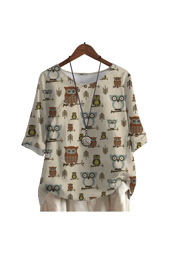 Retro Shirts for Women Owl Pattern Printed Blouse Mid Sleeve Tee Tops Plus Size
