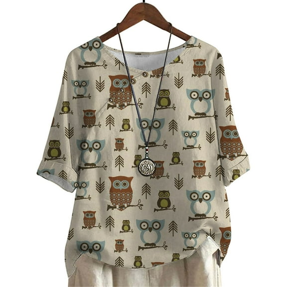 CLOOCL Retro Shirts for Women Owl Pattern Printed Blouse Mid Sleeve Tee Tops Plus Size