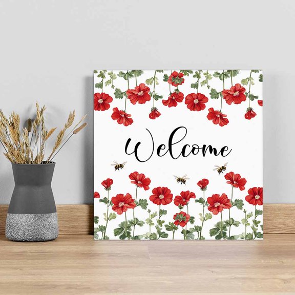 Red Spring Floral Wall Art Painting on Canvas, Welcome Botanical Summer Bee Canvas Art Home Prints Wall Art Framed Modern Artwork for Living Room Bedroom Wall Decor 8x8in