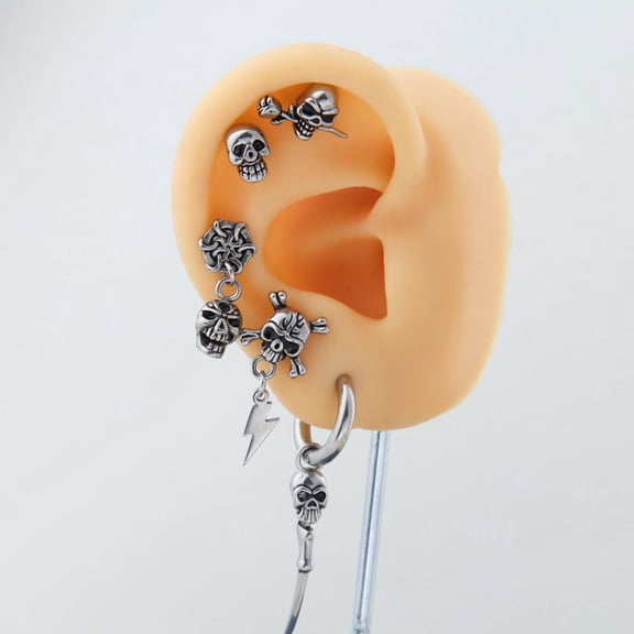 Skull Stud Helix Cartilage hoop Earring Stacking Set – Stainless Steel, Unisex Piercing Jewelry for Men and Wome