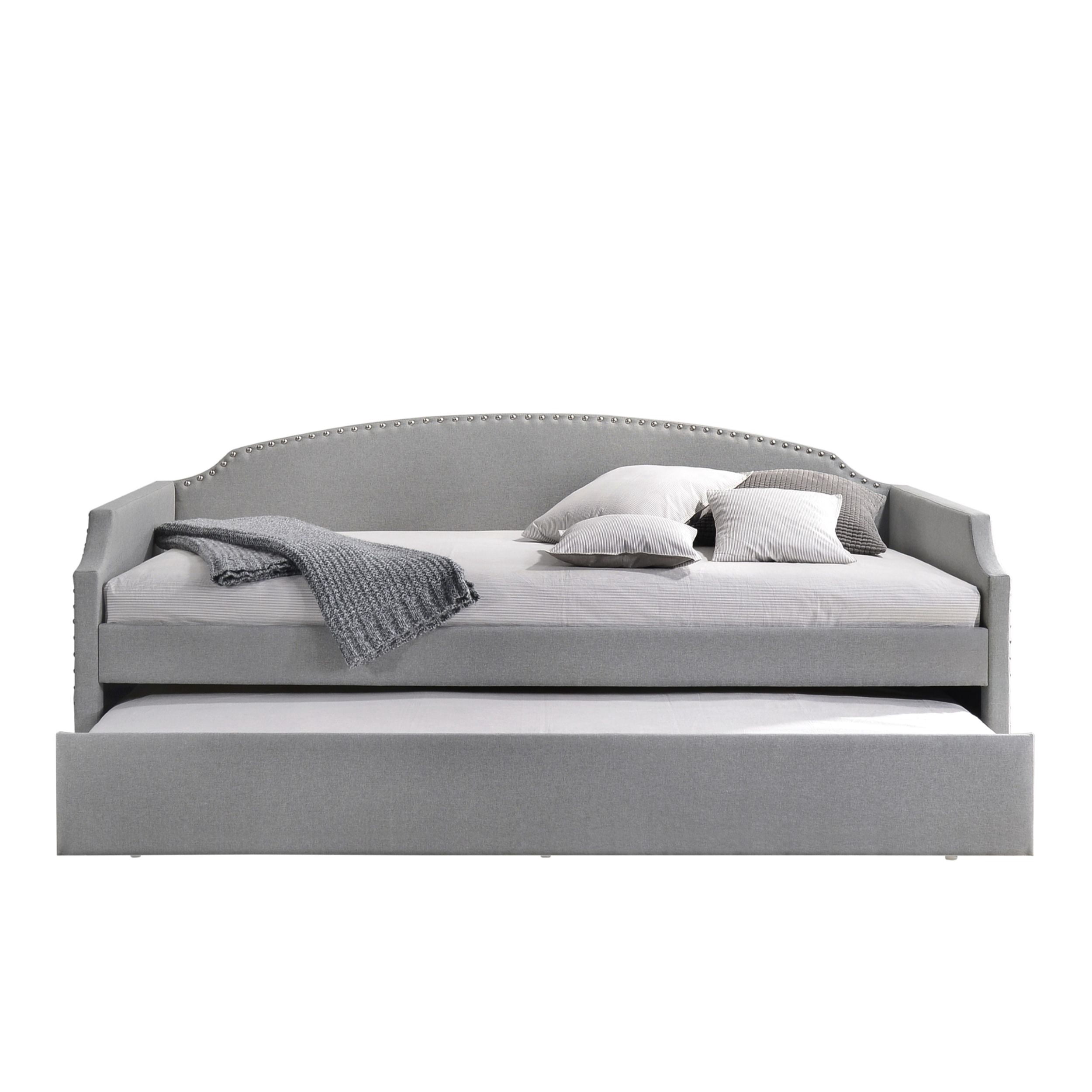 Home Design Yamna Twin Daybed with Linen Upholstery, Pull-Out Trundle, and Nailhead Trim, Stylish and Comfortable Design for Bedroom, Gray