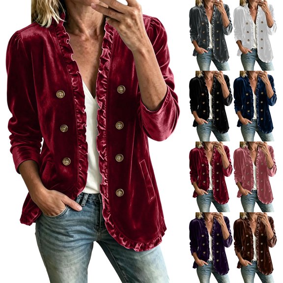Women's Solid Velvet Ruffled Jacket Open Front Double Breasted Button Casual Long Sleeve Coat with Pockets, Lightweight Loose Outerwear for Spring Fall White