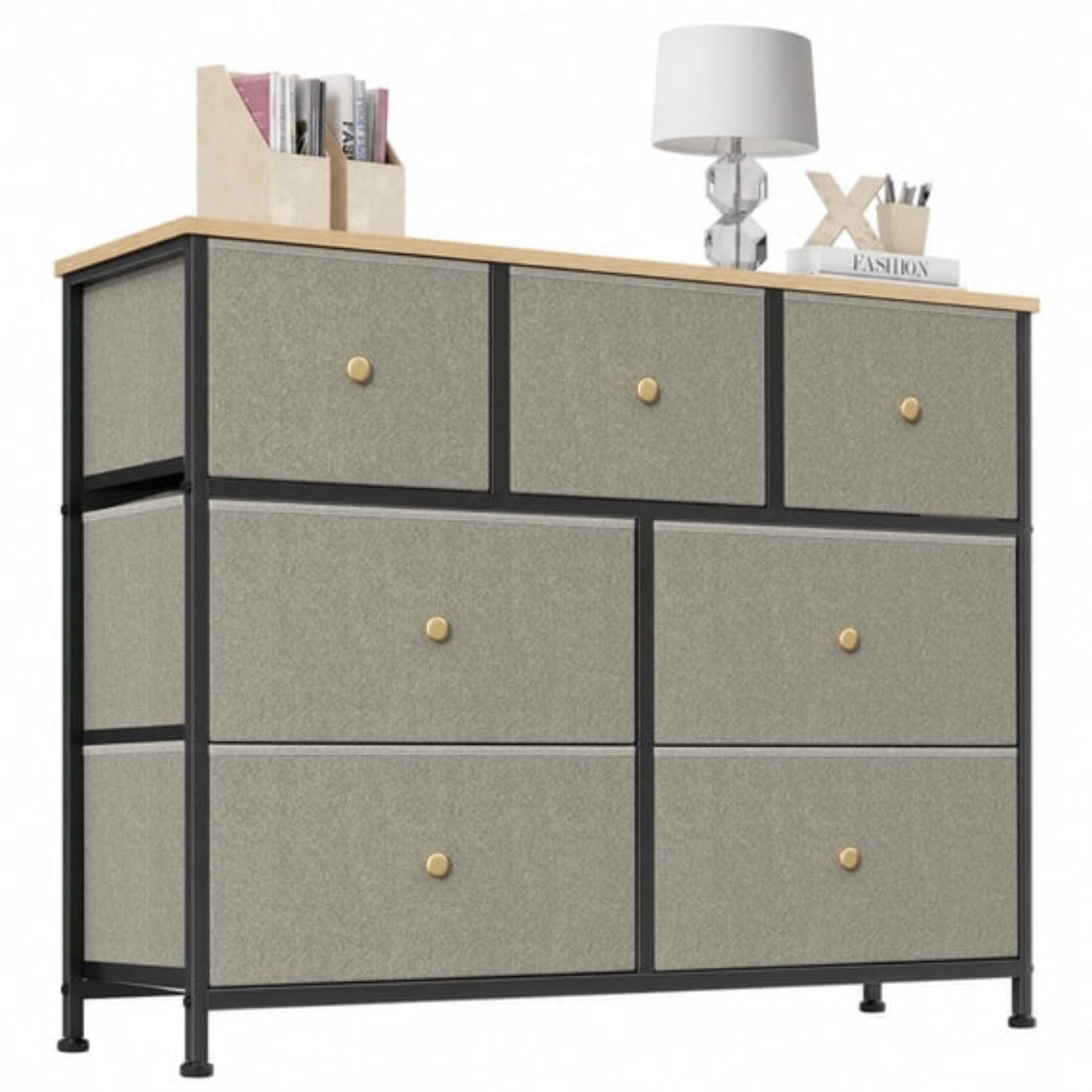 Fabric Dresser with Large Drawers  Tall Storage Chest and Organizer Unit with Wooden Top for Bedroom  Closet  Entryway