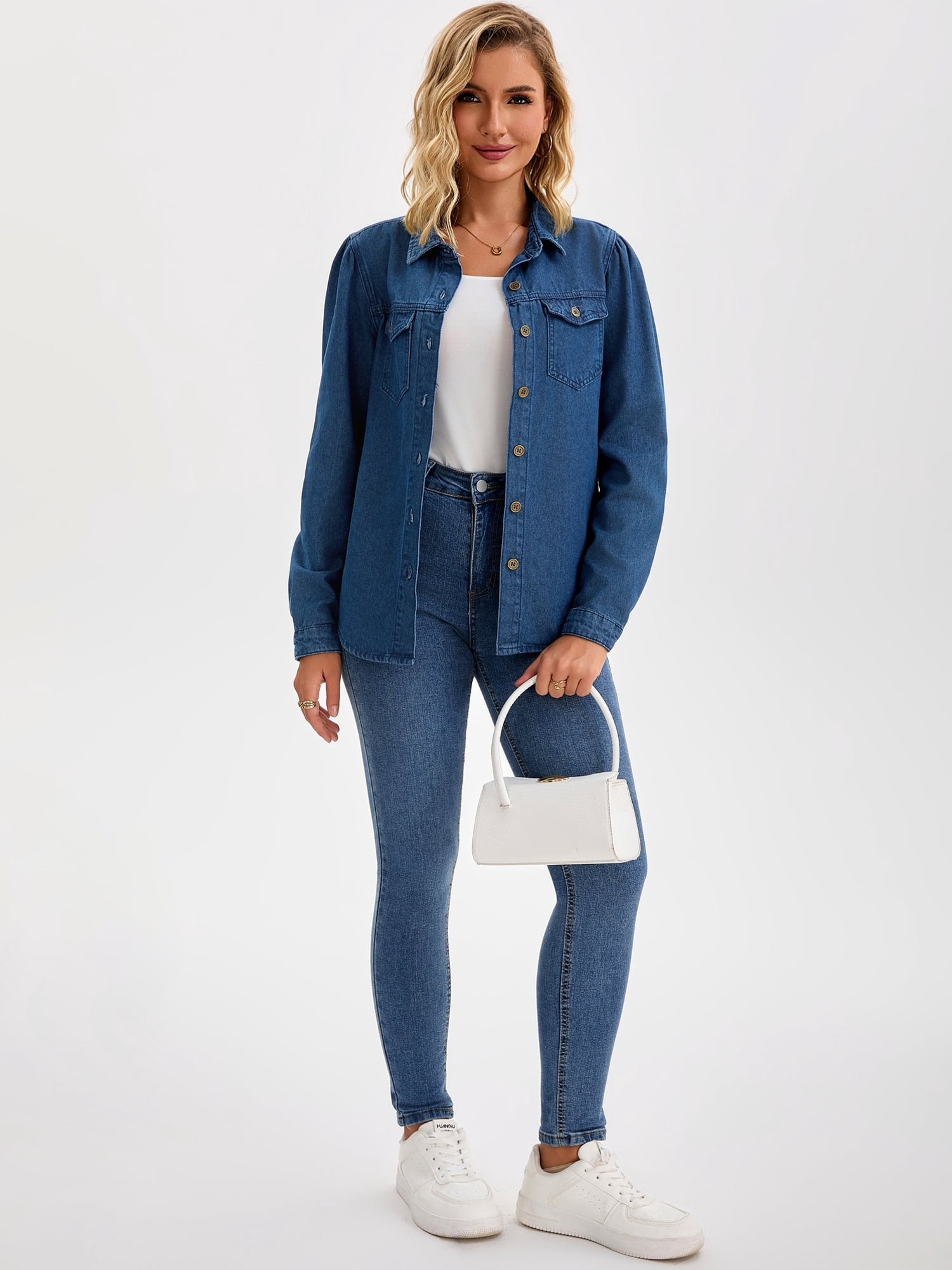 DARING DIVA Women's Long Sleeve Button Down Shirts Jackets with Pocket L Dark Blue