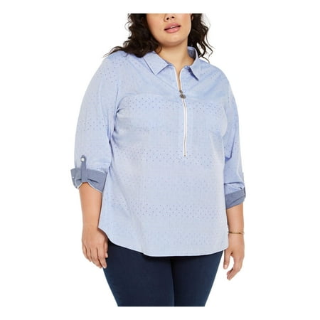 Tommy Hilfiger Women's Plus Size Polka Dot Zip-Front Cotton Shirt (0X, Ocean)