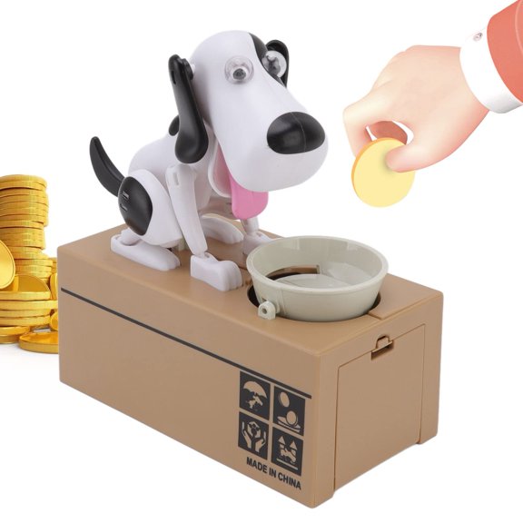 Piggy Bank for Kids Adults, World's Cutest Doggy Coin Money Box, Animated Battery Operated Robotic Hungry Puppy Toy Savings Bank, Saving Money Coin Bank, Black and White