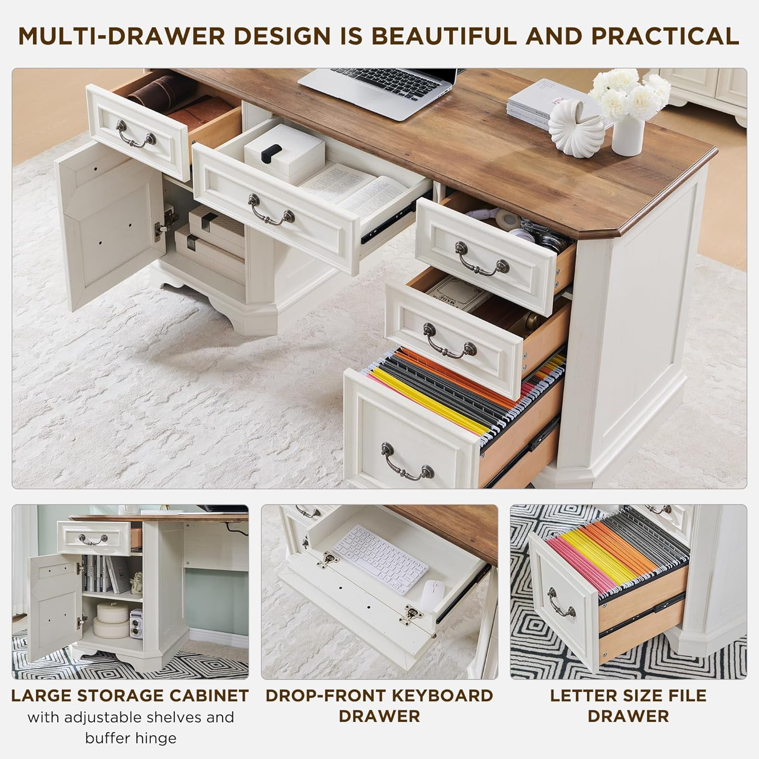 OKD 59" Farmhouse Office Desk，Rustic Desk - Engineered Wood，Corner Desk Charging Station，File drawer，For Study & Living Room Use