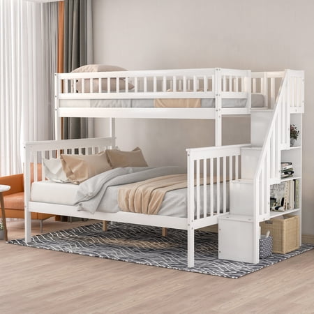 Jump Into Fun Bunk Bed Twin over Full  Solid Wood Bunk Bed with Storage  Stairs and Safety Guardrail  Bunk Bed for Kids  Twin over Full Bunk Bed for Bedroom  Kids room  Dormitory  White
