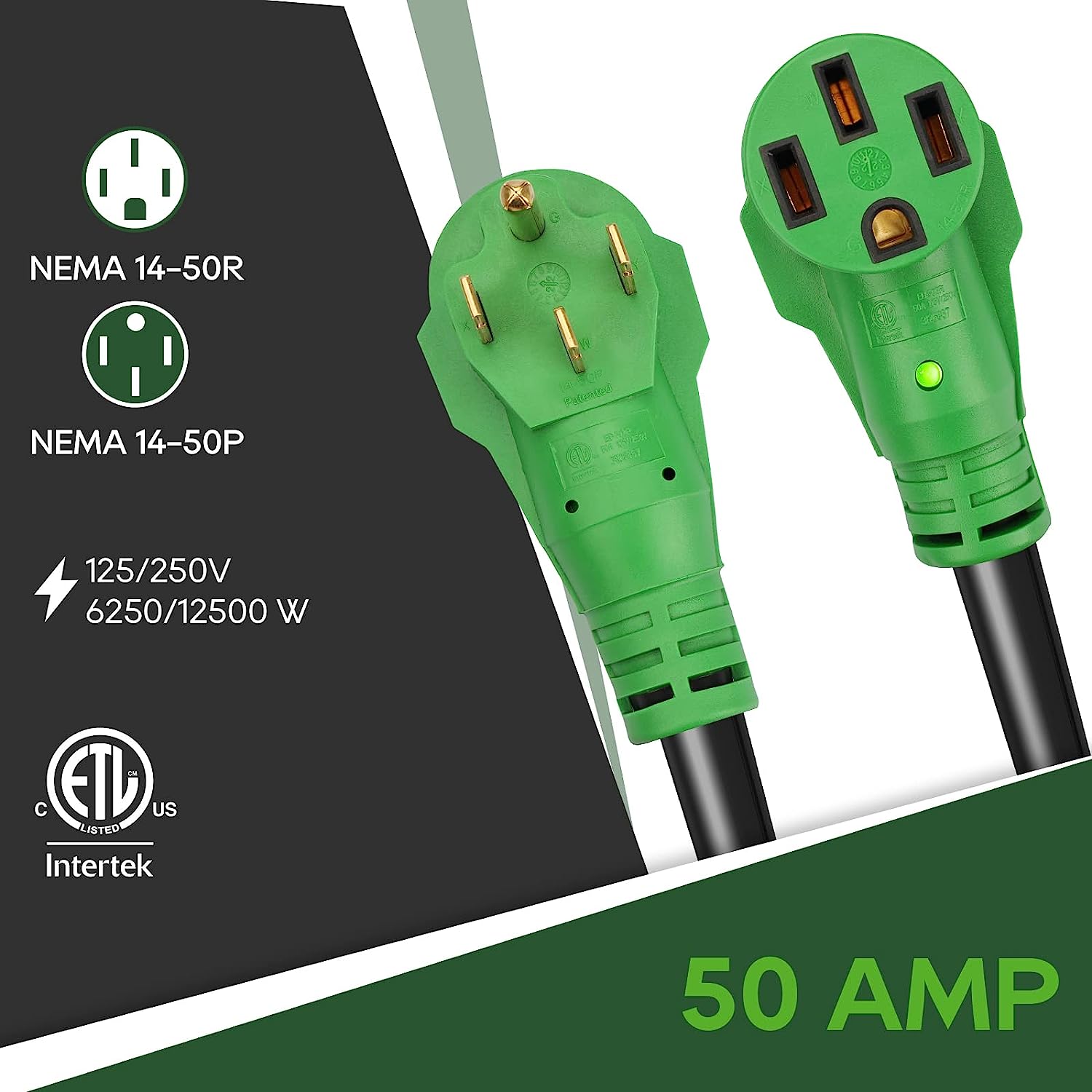 RVGUARD 50 Amp 50 Foot RV/EV Extension Cord, NEMA 14-50P/R Heavy Duty Extension Cord with LED Power Indicator and Cord Organizer, Green, ETL Listed
