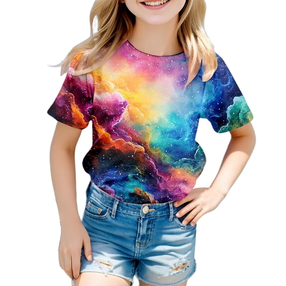 Kids Shirts for Girls Purple Printed Girls Short Sleeve Tops Summer Shirts for Teens Trendy Girl Clothes 6-7 Years