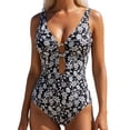 thumbnail image 2 of Karight Womens Black White Floral One Piece Swimsuit Deep V Neck Metal Ring Cutout High Cut Bathing Suit Swimwear, 2 of 5