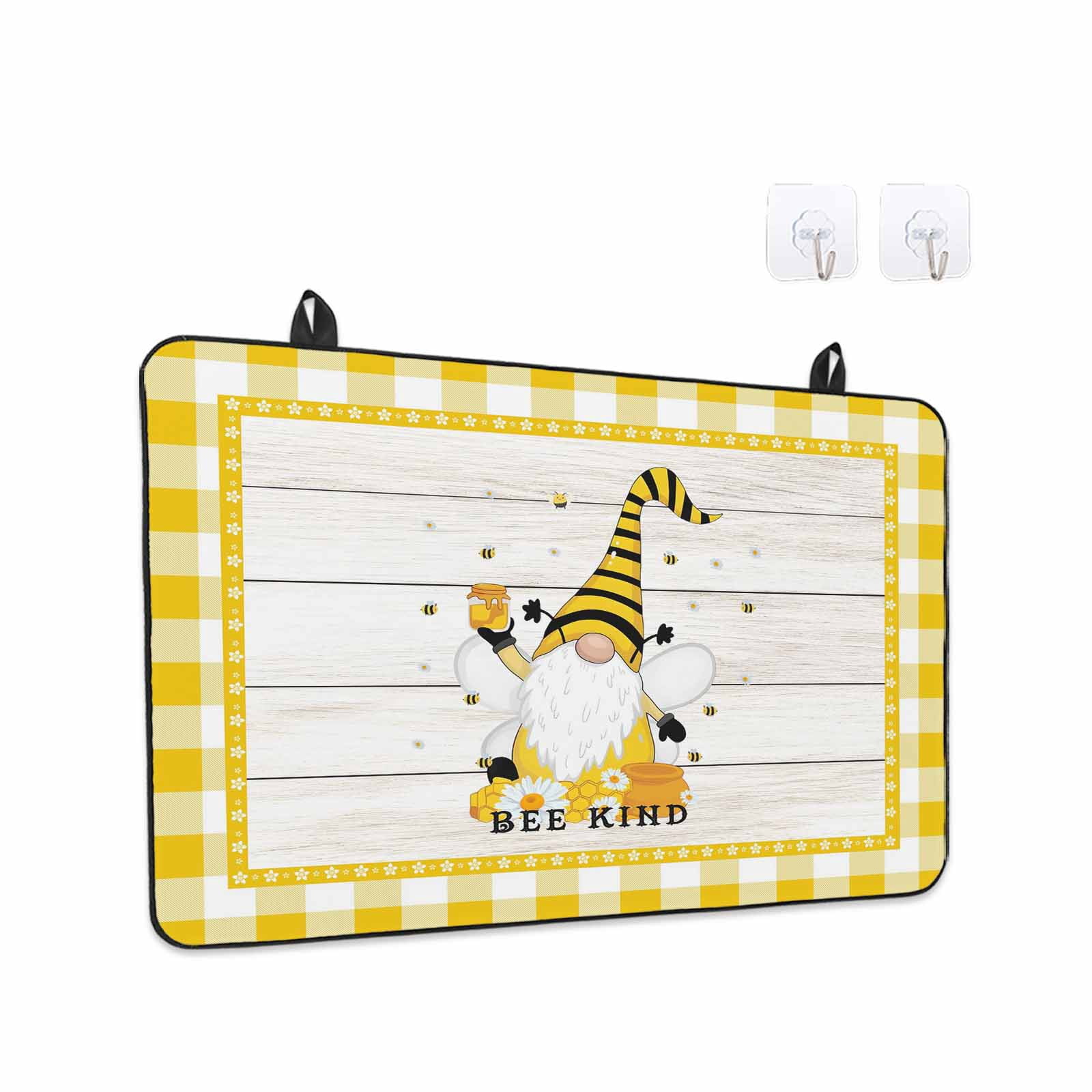 Gnomes Bees Stove Top Cover for Electric Stove, Heat-proof & Non Slip Glass Top Stove Cover Protector, Spring Daisy Wooden Grain Yellow Plaid Kitchen Flat Cooktop Rubber Mat 24x21 Inches