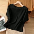 thumbnail image 4 of Dropped Shoulder Tee for Women Short Sleeve Round Neck Top, Solid Color Linen-Like Shirt Modern Casual Blouse with Side Slit Hem, 4 of 5