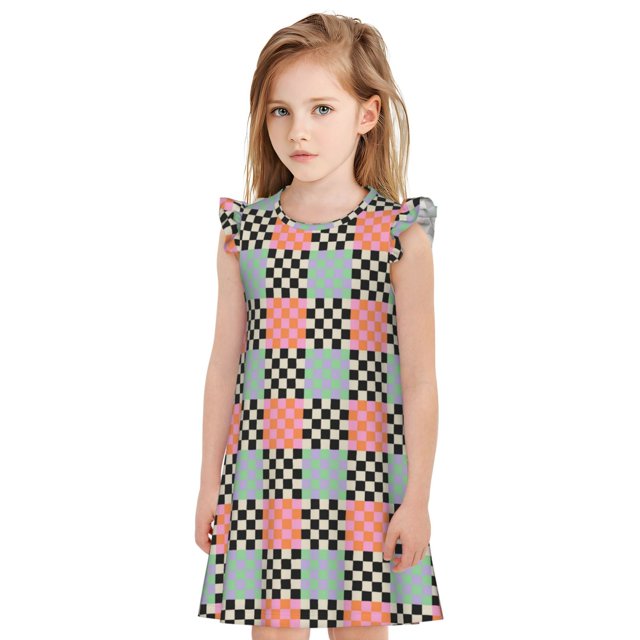Balery Colorful Checkered Camisón de princesa para niñas, pijama de algodón con mangas abullonadas, suave y bonito.-X-Large
