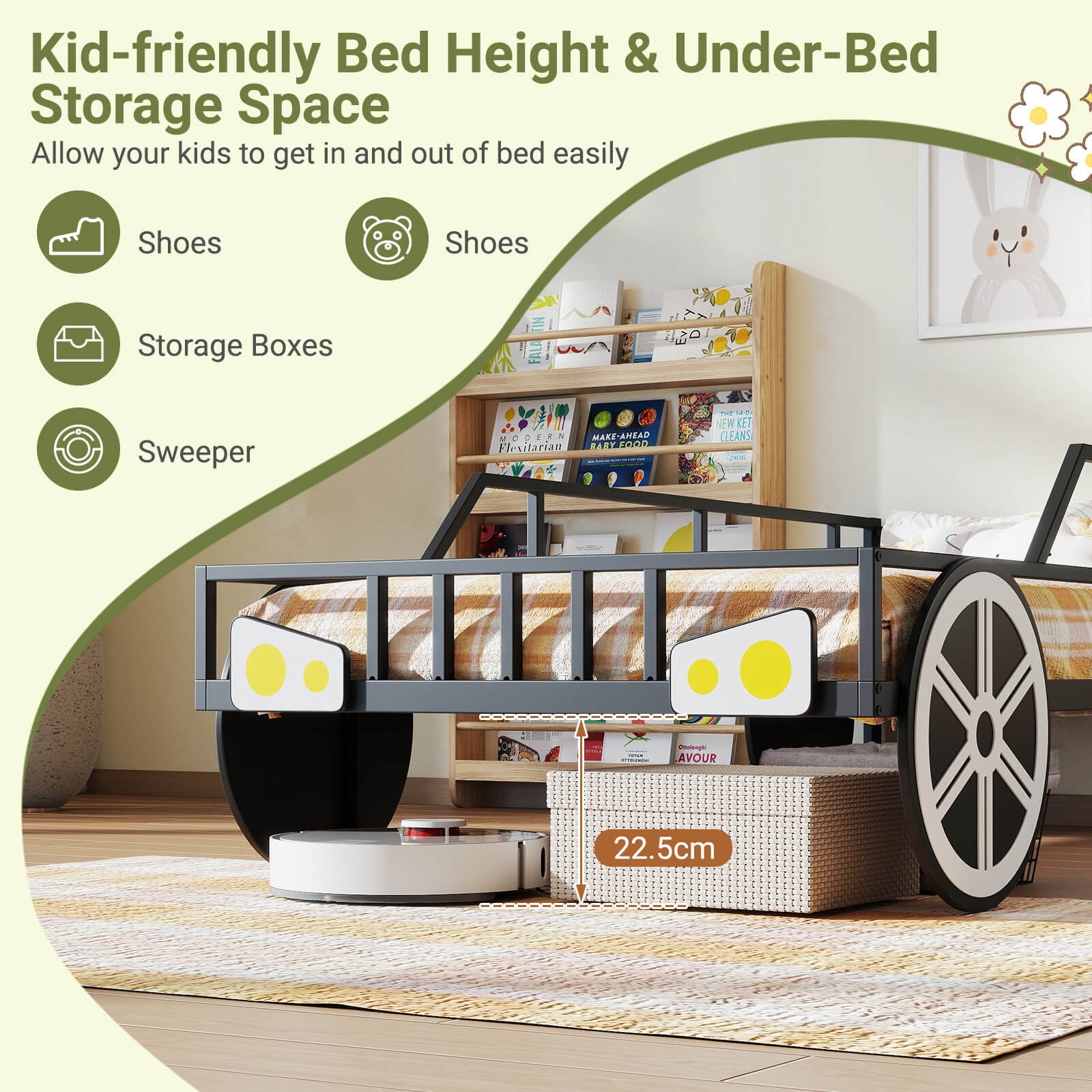 Costway Twin Car-Shaped Metal Bed Frame with Wheels Decorations Safety Guardrails