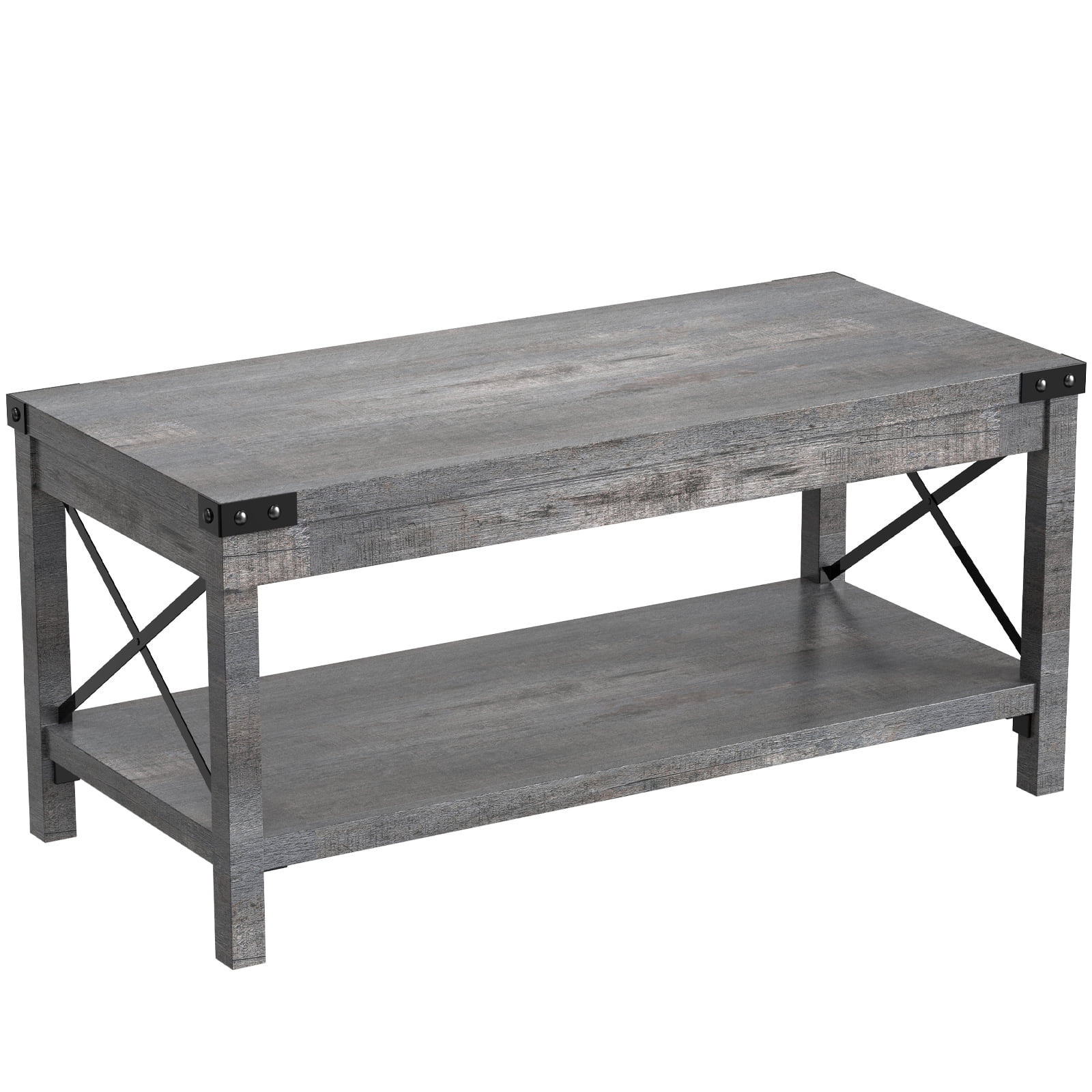 Gray Coffee Table with Storage Shelf, Modern Farmhouse Coffee Table for