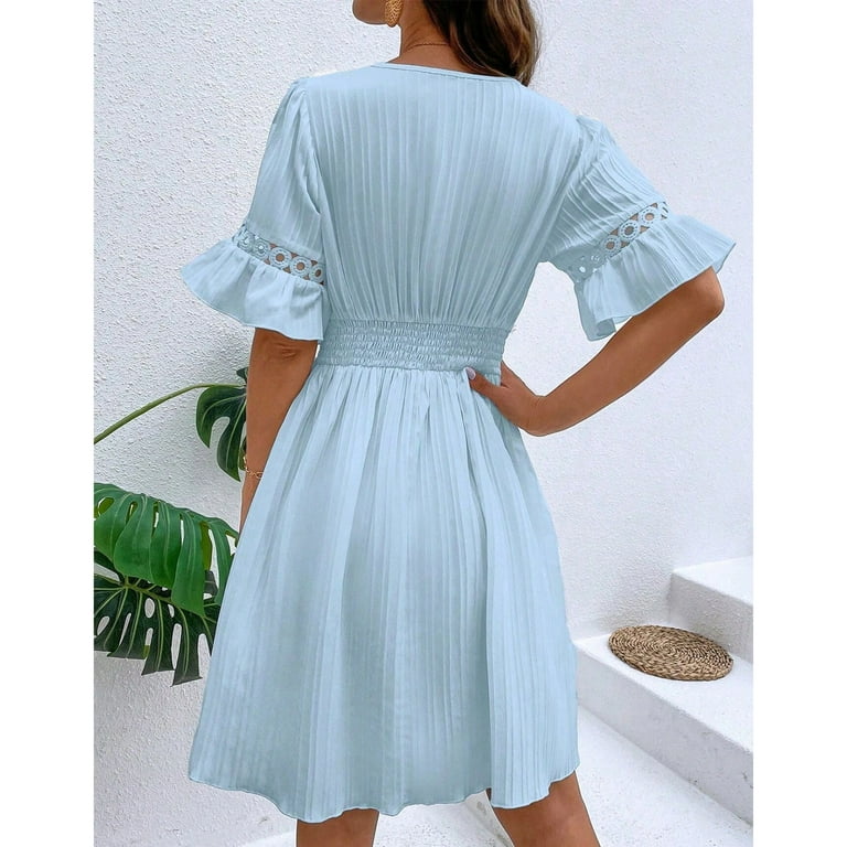 safuny Women's Trendy Midi Babydoll Dress Solid Color Ruffle Sleeve  Crewneck Dress Comfy Leisure Loose Retro relaxed Clothing Fashion Summer  Yellow XL
