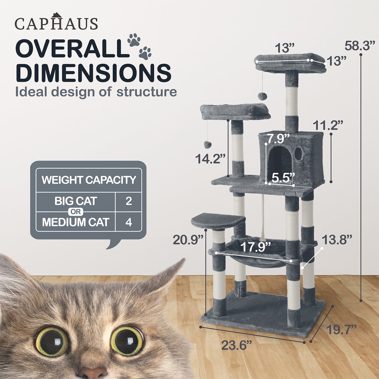 CAPHAUS Tall Cat Tree for Indoor Cats, Modern Cute 58-Inch Cat Climbing Play Tower with Top Perch for Large Cats Kittens, Multi-Level Cat Activity Tree w Scratching Posts, Hammock, Cat Cave Condo