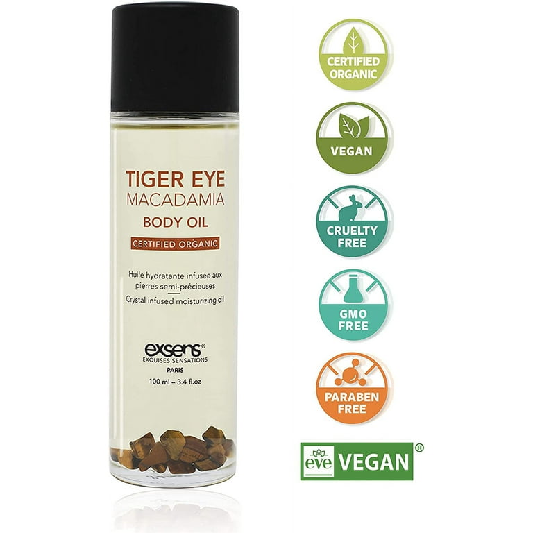 Exsens Tiger Eye Macadamia Crystal Infused Body Oil, Moisturizer for Skin &  Hair, Certified Vegan, Easily Absorbed Organic Body Oil, Natural Fragrance,  100ml (3.4 fl.oz), 1 Count 