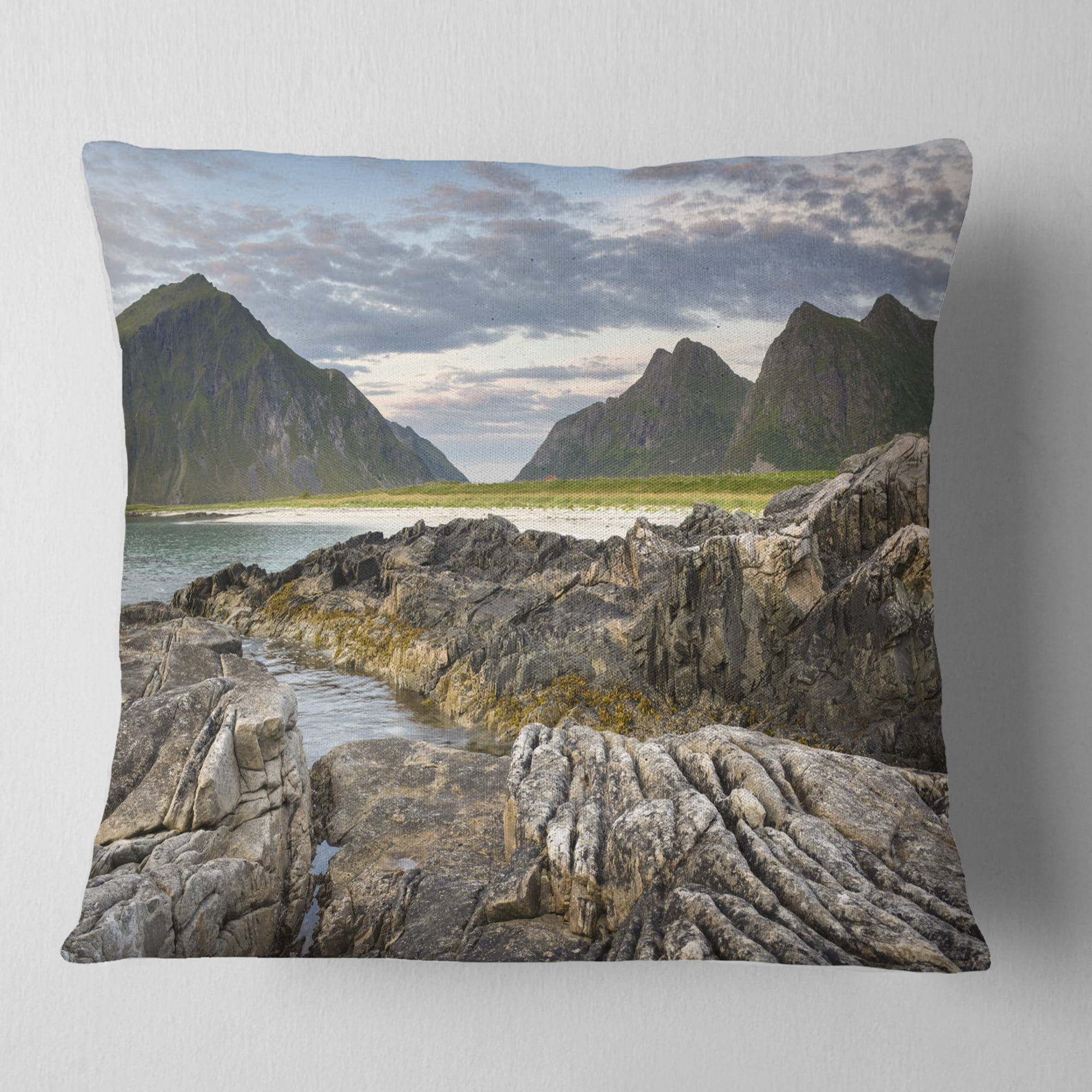 Designart Rocky Coastline on Lofoten - Landscape Photography Throw Pillow - 18x18