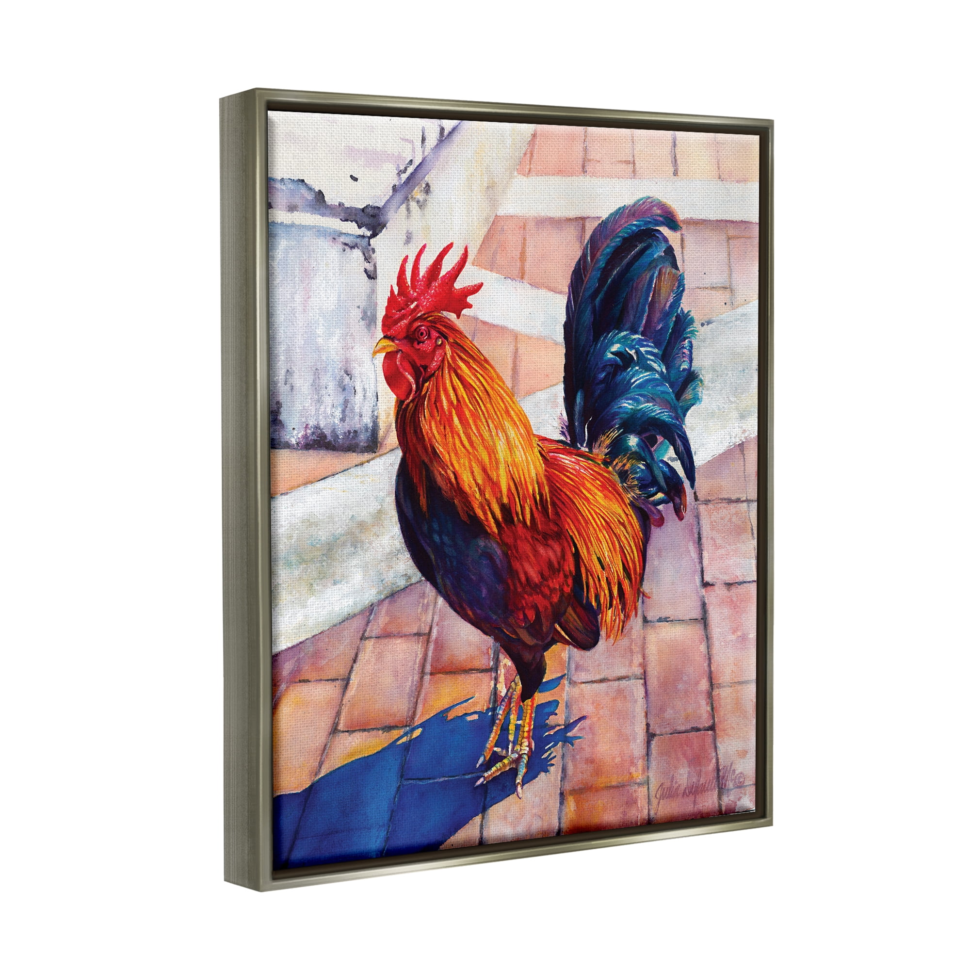 Stupell Industries Rooster Standing on Bricks Animals & Insects Painting Gray Floater Framed Art Print Wall Art, 25 x 31
