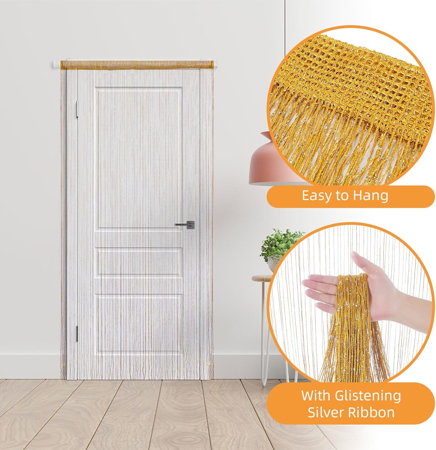 4 Pieces Glitter String Curtains Doorway Beads Curtains, 39 x 79 Inch Hanging Fringe Hippie Room Divider Door String Curtain Boho Doors Tassel for Doorways, Windows, Closet, Privacy Decor (Gold)