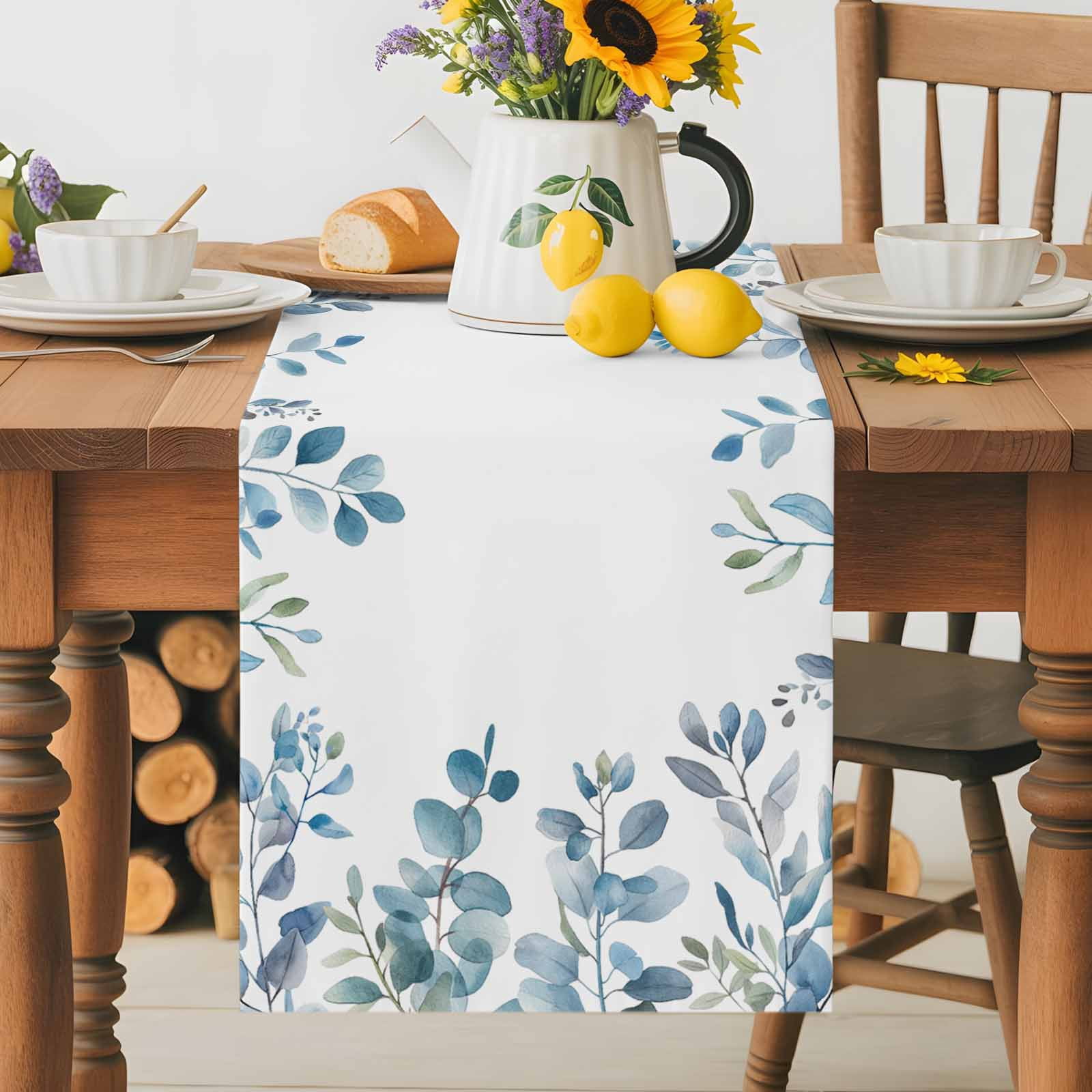 Pastoral Blue Eucalyptus Leaves Table Runner 90 Inches Long, Idyllic Botanical on White Table Runners Tabletop Scarf Kitchen Dining Tables Decoration for Home Party Indoor Outdoor