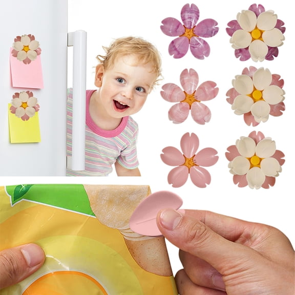 HomelyJoy Cherry Blossom Magnetic Chip Clips, Cute Reusable Food Sealing Clips for Kitchen, Decorative Fridge Magnet Set for Snack Bags, 4.3x4.3 in
