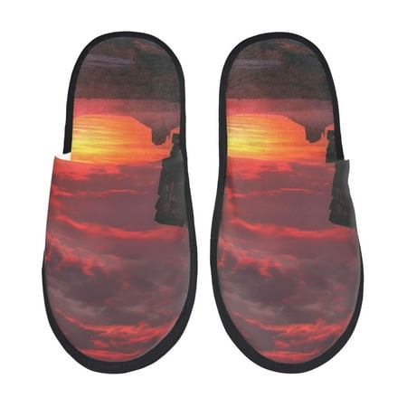 

Adobk Sunset Western Desert Cowboy Print Slippers Indoor Outdoor Retro Slippers House Soft Fluffy Slides Cushion Furry Slippers-Medium