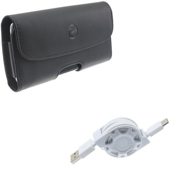 Black PU Leather Case Side Cover Protective Pouch w Retractable White Type-C USB Cable Charge Sync Power Wire M8L for Alcatel 7 - Coolpad Legacy - Nokia 3.1 Plus - OnePlus 7 Pro