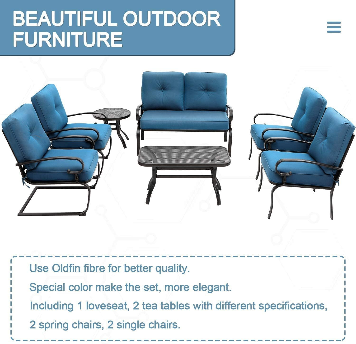 SOLAURA 7-Piece Patio Furniture Outdoor Metal Conversation Set (2 Spring Chairs, 2 Patio Chairs, Loveseat with Coffee Table and Side Table) - Peacock Blue