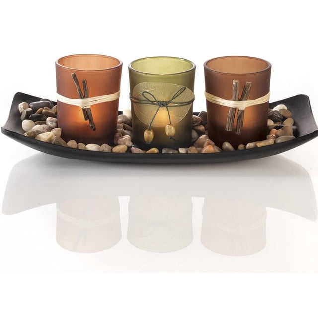 Juego de velas naturales, 3 portavelas decorativos, rocas y bandeja Fokelyi HMHZ284