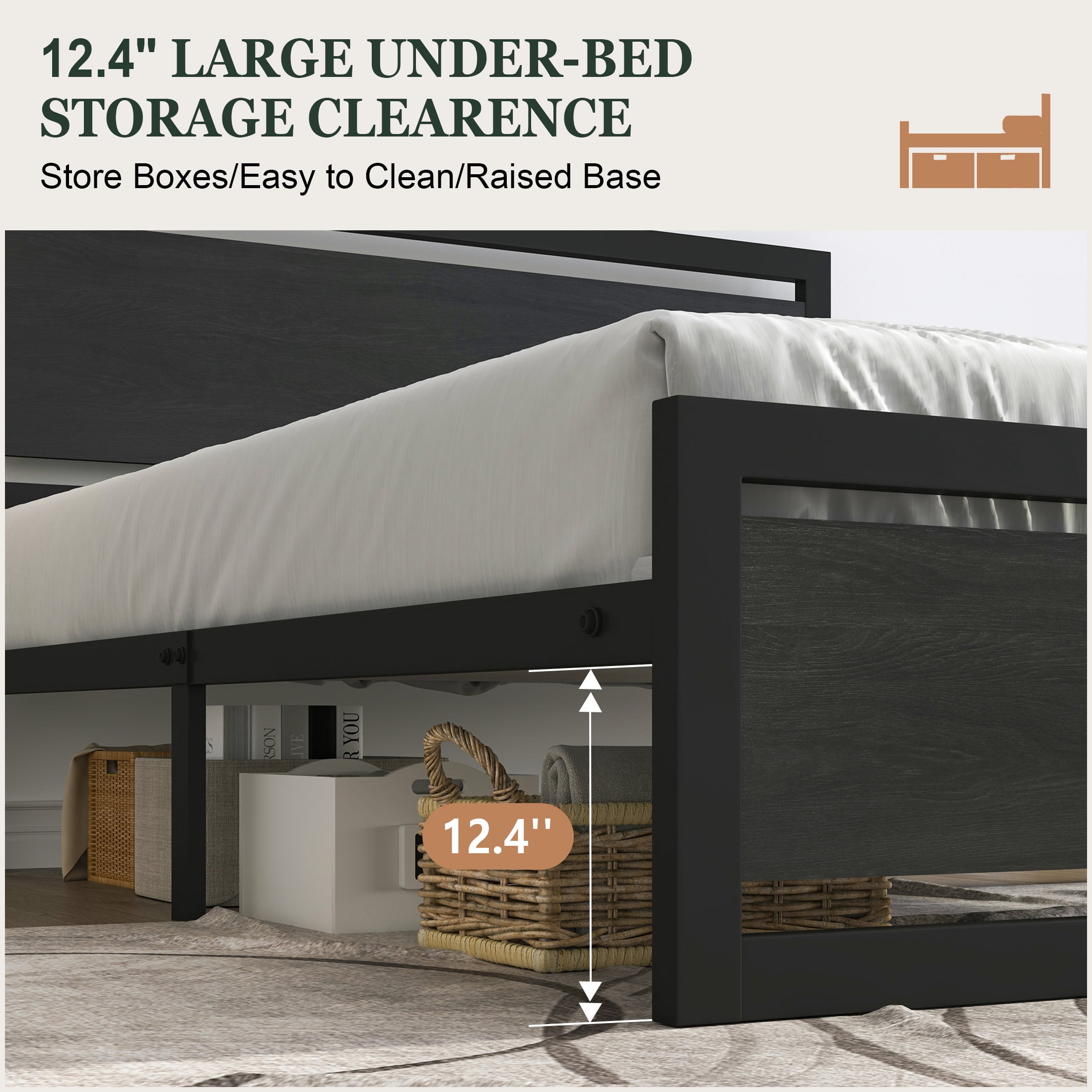 Amolife King Size Metal Platform Bed Frame with Wooden Headboard, 12.4" Under-Bed Storage, Black
