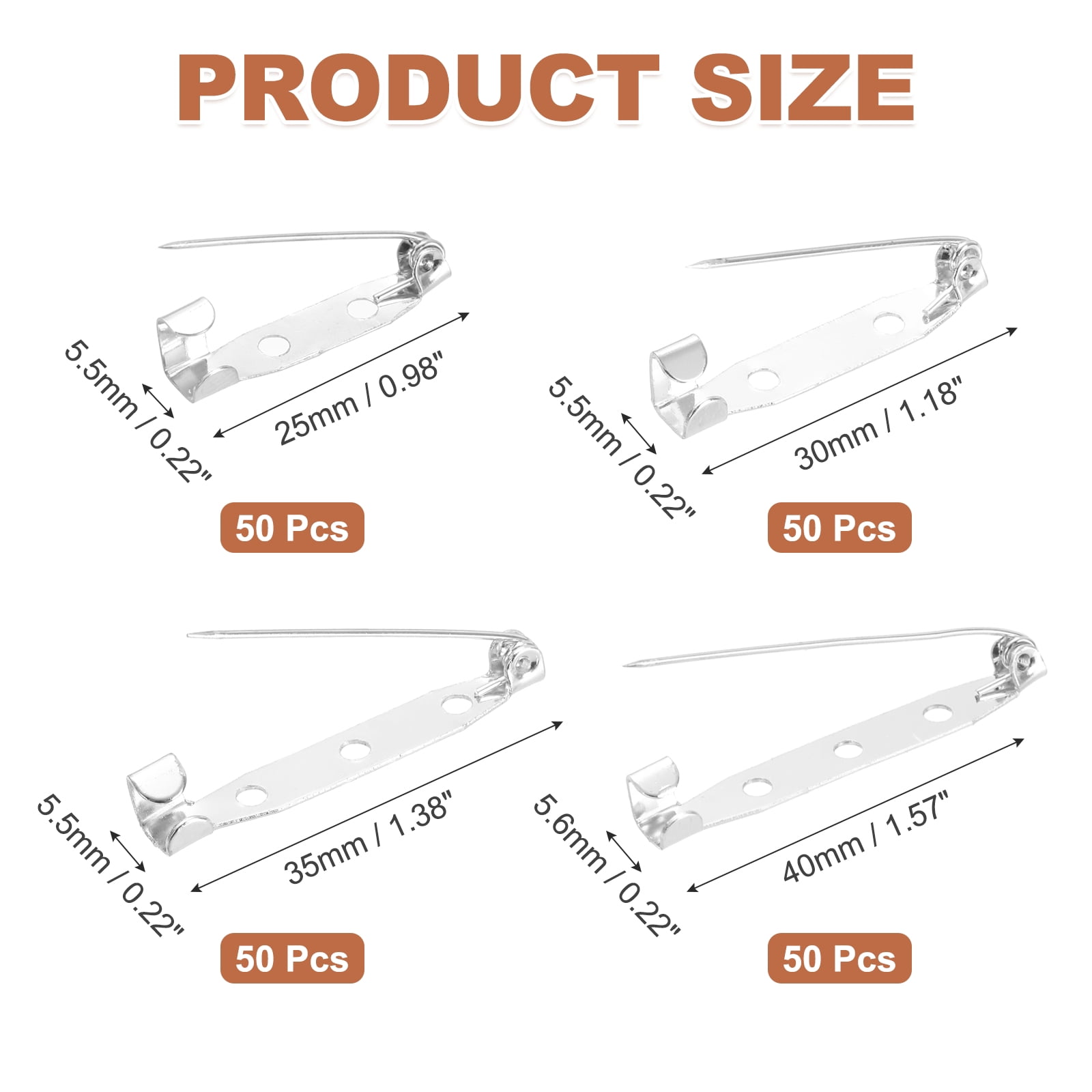 Uxcell 200 Pcs Brooch Pin Backs, Metal Bar Pins Backs Safety Clasp for DIY Crafts Name Tags Badges Corsage Jewelry Making(25/30/35/40mm, Silver)