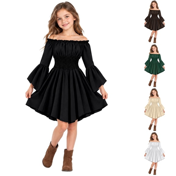 JAJAHO Girls Renaissance Dress Off Shoulder Bell Sleeve Pirate Halloween Dress For Carnival Party 3-11Y