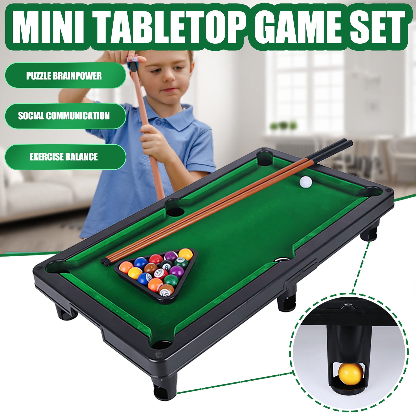 20'' Table Top Pool Game Toy Set Kids Adults Family Xmas New Billiard Balls Cue 
