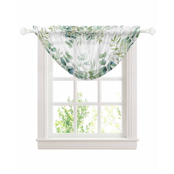 Teal Green Eucalyptus Waterfall Valances for Windows, Spring Summer Farmhouse Leaves Watercolor Sheer Valance Curtains, Rod Pocket Elegant Swag Valances for Living Room Bedroom, 47.2"x38.5", 1 Panel