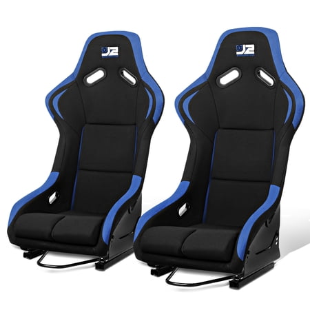 J2 Engineering Pair Universal Bucket Racing Seats Black Blue Fiberglass Ergonomic Design with Side Mount Brackets