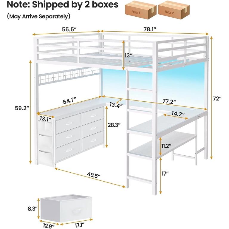Afuhokles Full Loft Bed with U-Shaped Desk, Drawers and Shelves, White photo 2