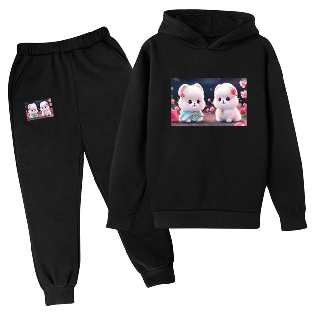 RXIRUCGD Mode Ensemble à Capuche Manches Longues Imprimé Décontracté pour Filles et Garçons (Noir, Taille : 7 Ans)
