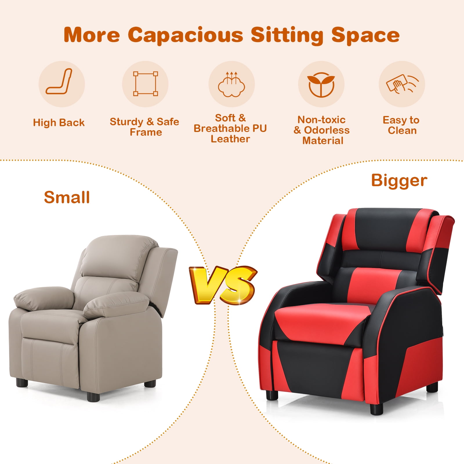 Infans Kids Youth Gaming Sofa Recliner w/Headrest & Footrest PU Leather Red