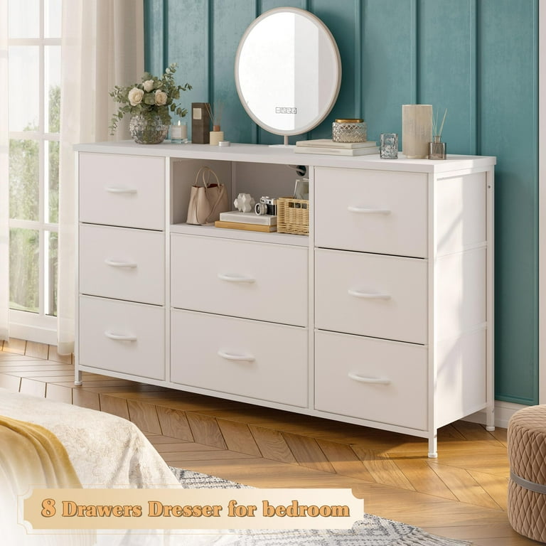 EnHomee 8 Drawers Dresser TV Stand with Outlet Wide Dresser&Chests of  Drawers Fabric Dressers TV Console Storage Unit for Living Room, White