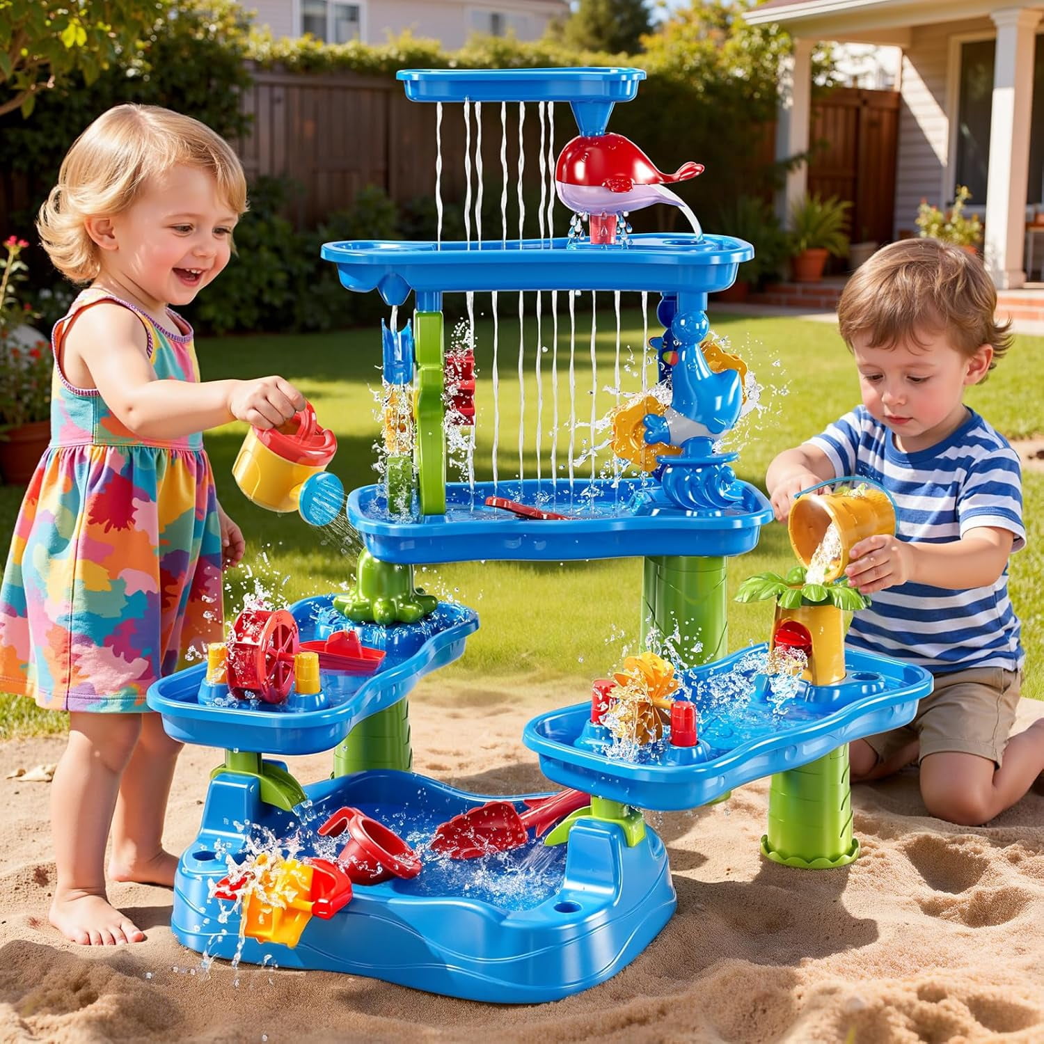 3-Tier 4 Areas Water Table for Kids 3-5, Summer Outdoor Beach Sensory Activity Playset Kids Sand and Water Table Toys, Birthday Gifts for Boys and Girls 3 4 5 6 7 8