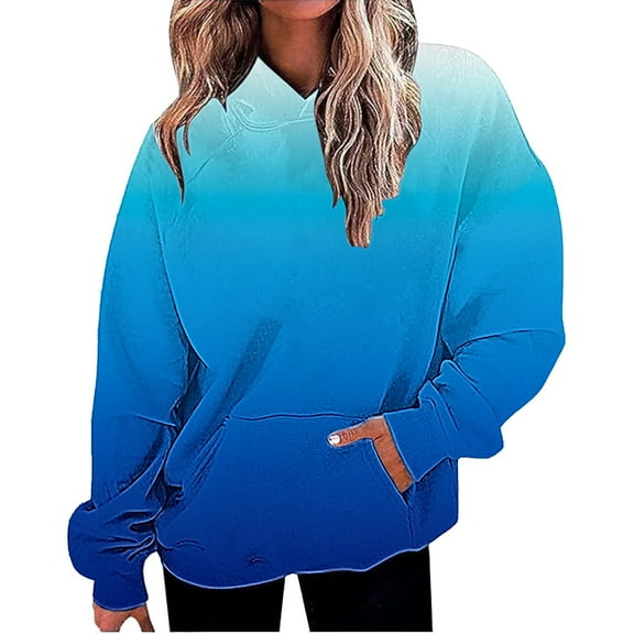 Women's Oversized Gradient Color Drawstring Hooded Sweatshirt with Pocket, Soft Breathable Long Sleeve Pullover Top for Casual Streetwear,Loungewear Comfort,Daily Wear and Outdoor Activities Blue L